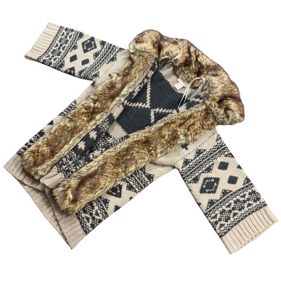 Forever 21 Trimmed Cardigan Women Medium Gray Blue Shawl Collar Faux Fur Sweater - Picture 2 of 8